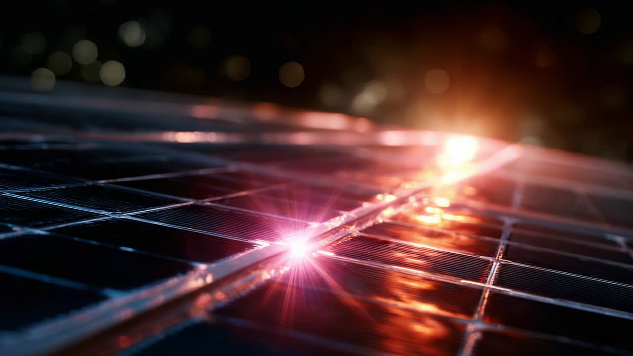 A Close-Up View of Solar Panel Technology: Capturing the Glorious Reflections and Sunlight Interaction on Photovoltaic Cells, Showcasing Renewable Energy Innovation and Sustainability Efforts