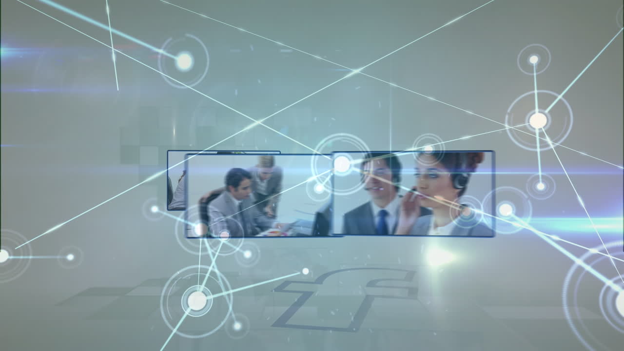 Animation of connections over diverse businesspeople on screens over grey space
