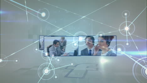 animation of connections over diverse businesspeople on screens over grey space