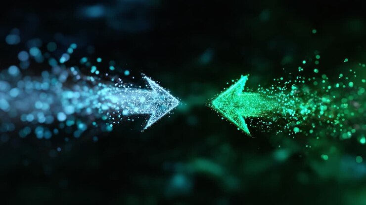 Dynamic flow of particles illustrated with contrasting arrows emitting blue and green gradients against a dark background, creating a mesmerizing visual effect