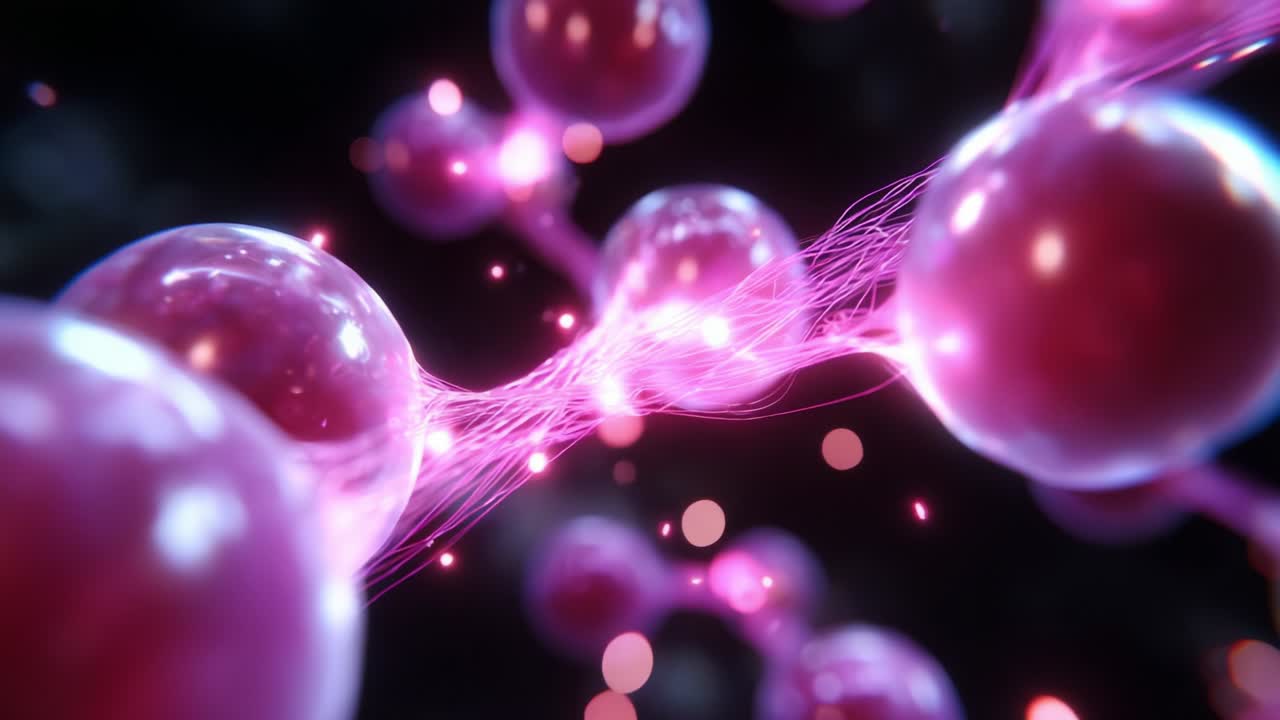 Dynamic Interaction of Molecular Structures: A Visual Exploration of Vibrant Pink Bubbles Interconnected by Luminous Filaments, Capturing the Essence of Microcosmic Life in Motion