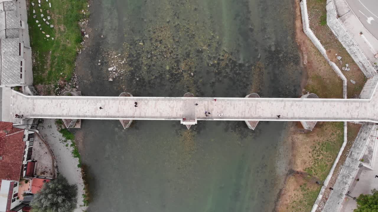 Aerial: zenital view of the bridge of Konjic in Bosnia and Herzegovina