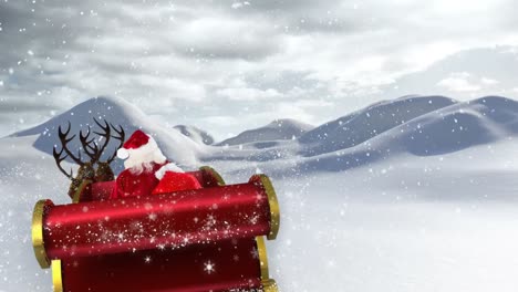 Animation-of-santa-claus-in-sleigh-with-christmas-gifts-and-snow-falling-in-winter-landscape