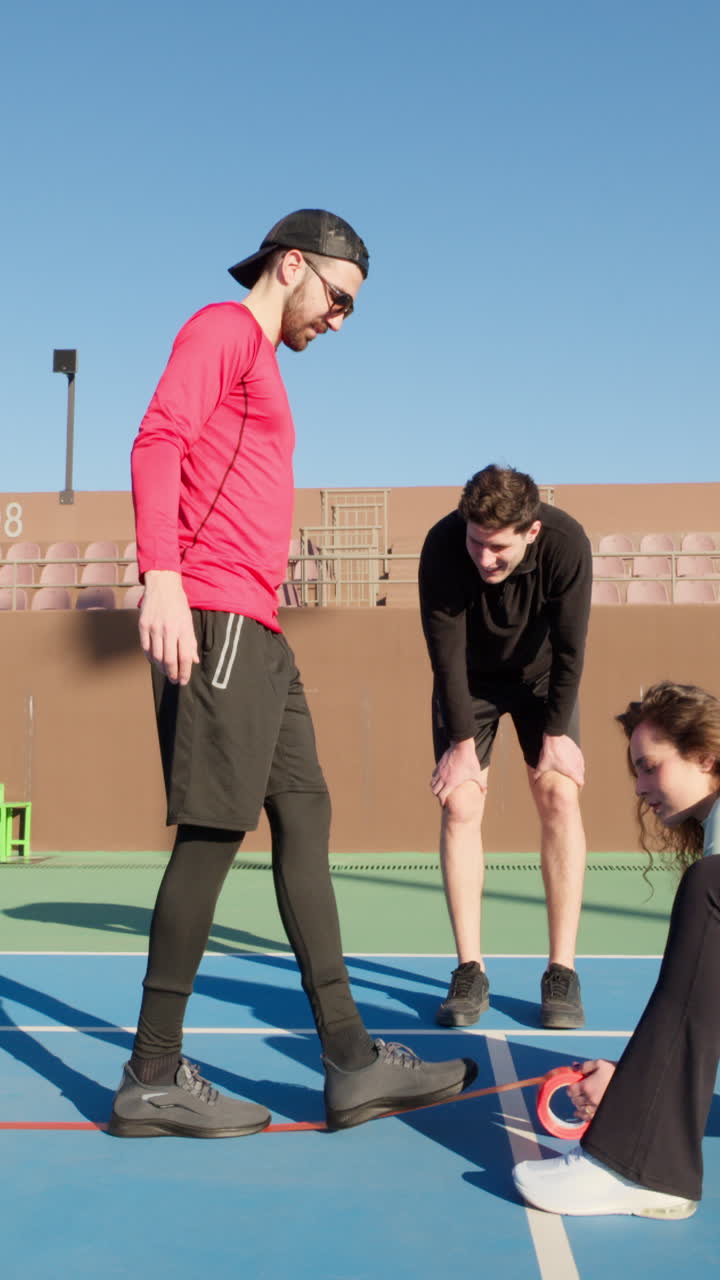 Group of friends converting tennis court into a pickleball court on a sunny day