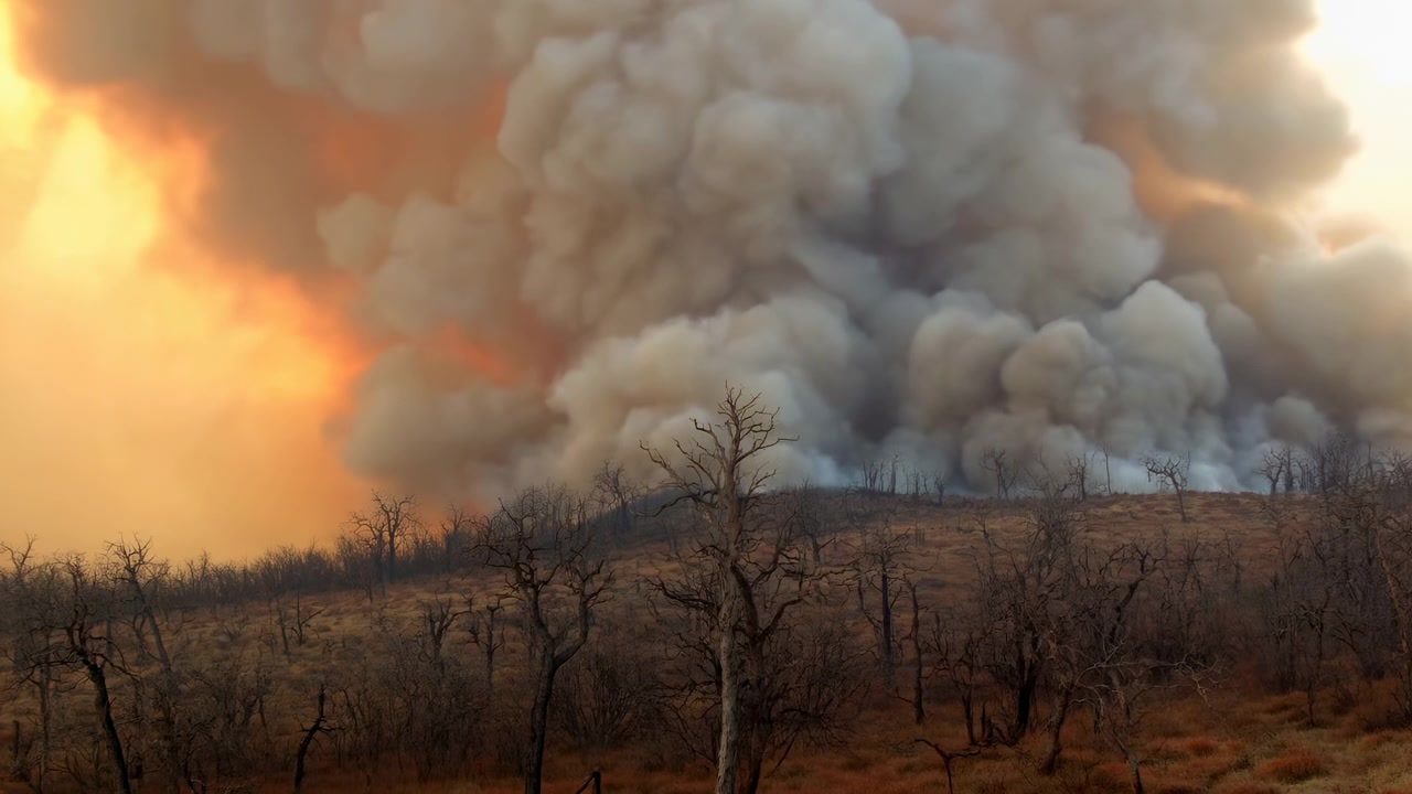 Cielo fumoso sopra la savana in fiamme, imponenti pennacchi di fumo grigio si innalzano nel tramonto arancione, alberi carbonizzati e cenere.