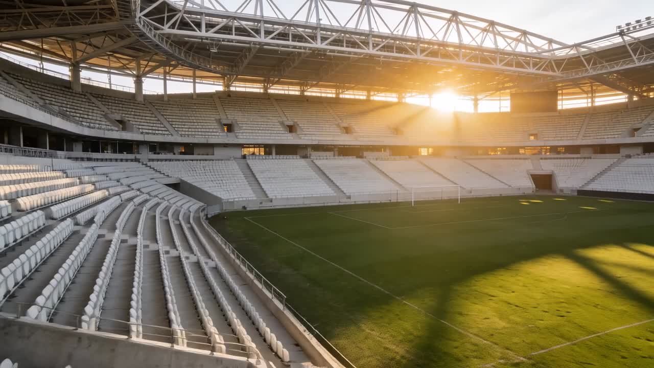 Ein Kameraschwenk bewegt sich von den unteren weißen Sitzen nach rechts in Richtung des sonnenbeschienenen Spielfelds und Tors und präsentiert die Fachwerkkonstruktion.