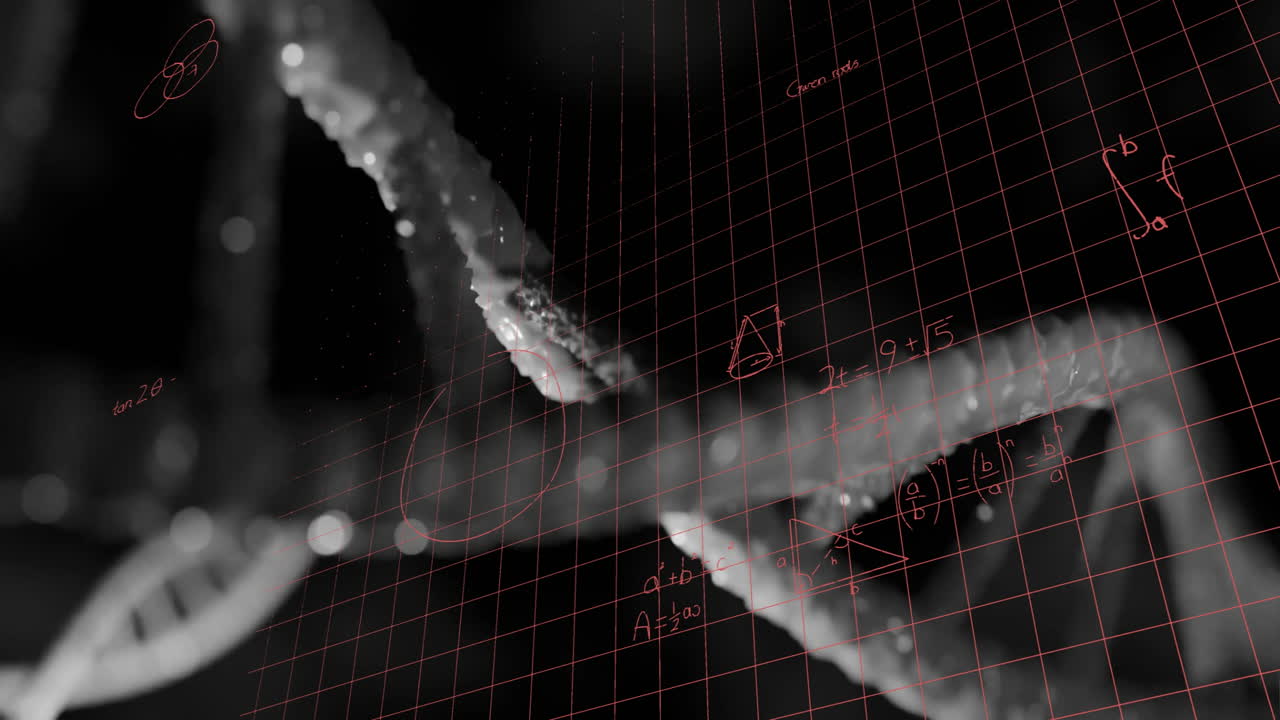 Animation of DNA strands with mathematical equations and grid overlay in school