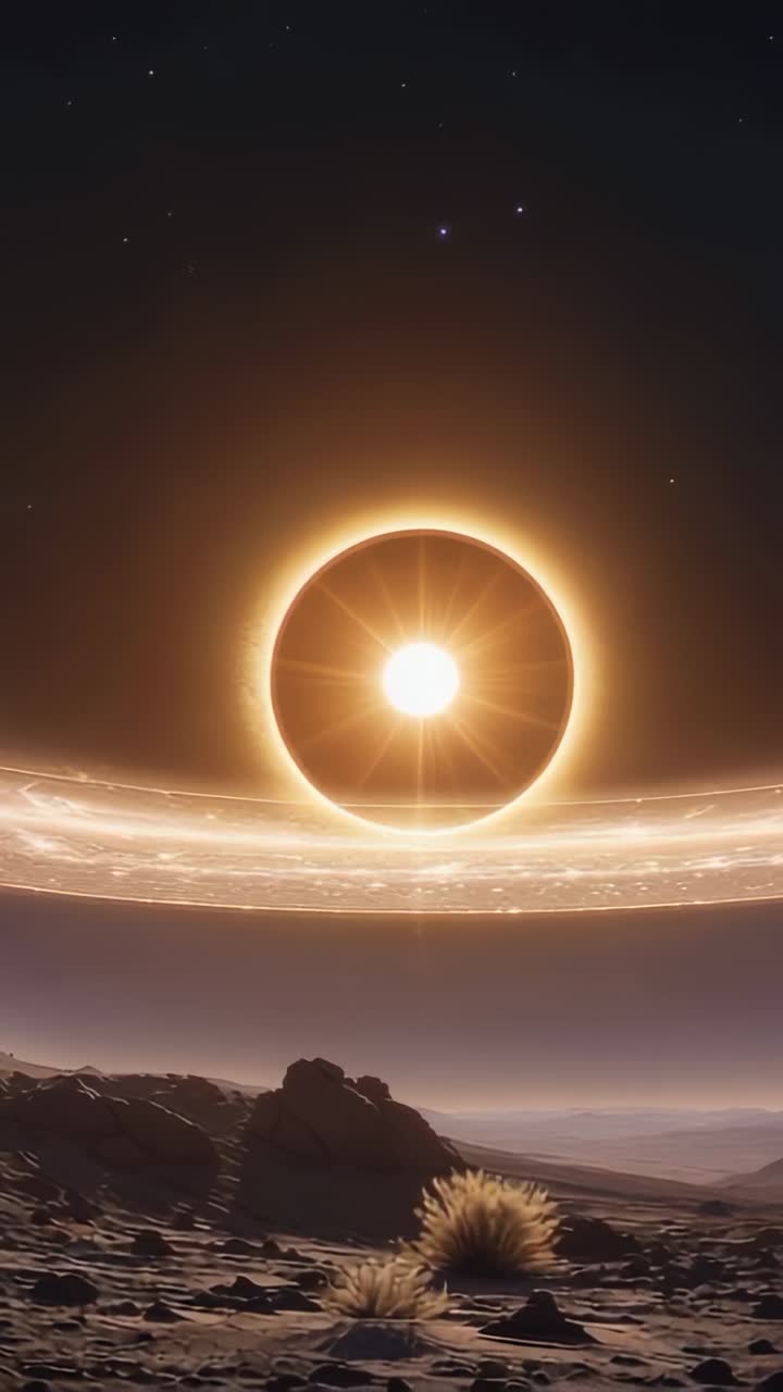Vertical video: Ringed celestial body pulsing glow over rocky plain, with outcrops under starry sky