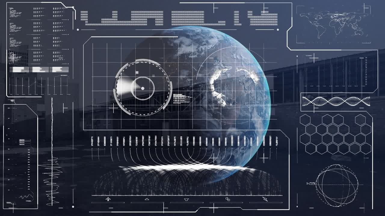 Animation of globe digital data processing over servers globe on blue background