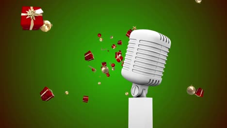 animación de un micrófono vintage con regalos de navidad cayendo sobre un fondo verde