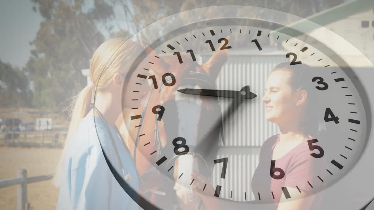 Animation of clock overlaying women with horse, interacting outdoors in nature