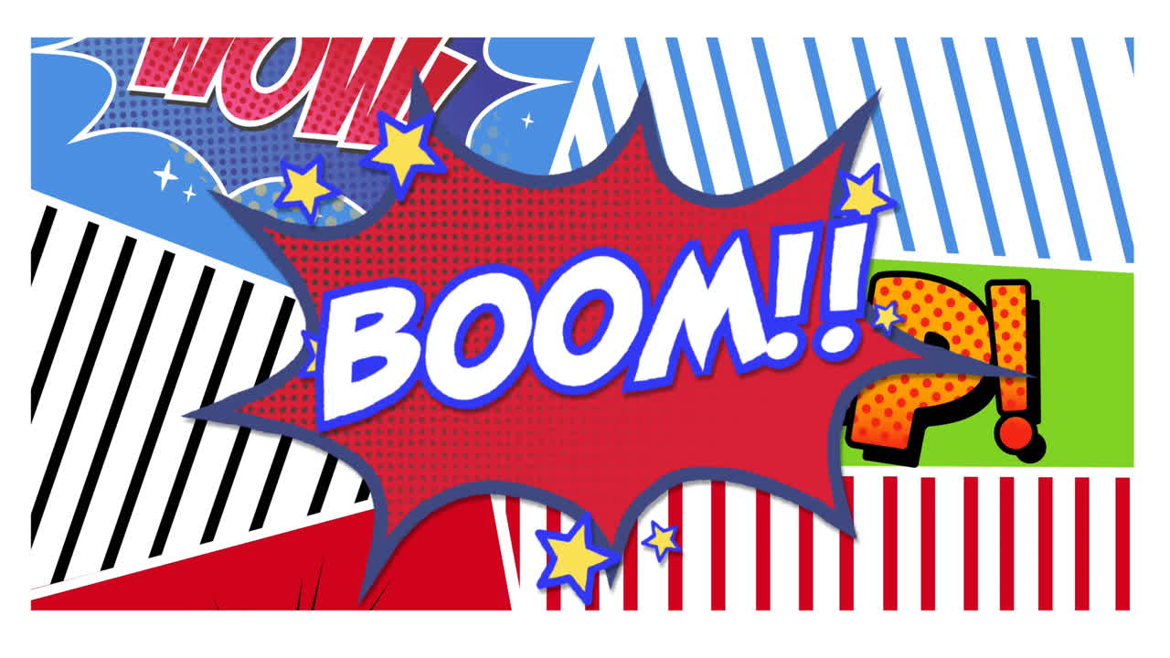 ⁇ 색 배경에 있는  ⁇  텍스트와 만화 텍스트의 애니메이션