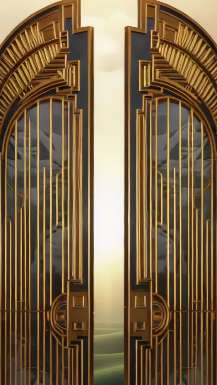 Vertical video: Opening ornate golden gates revealing sunrise over rolling hills, entryway view
