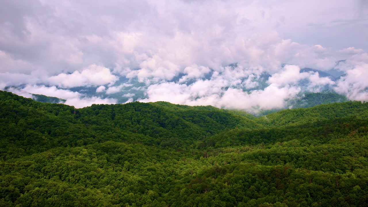 Sweeping drone perspective over the Great Smokies.