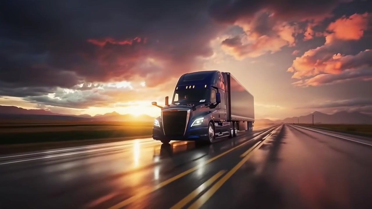 Semi camion che guidano sull'autostrada al tramonto