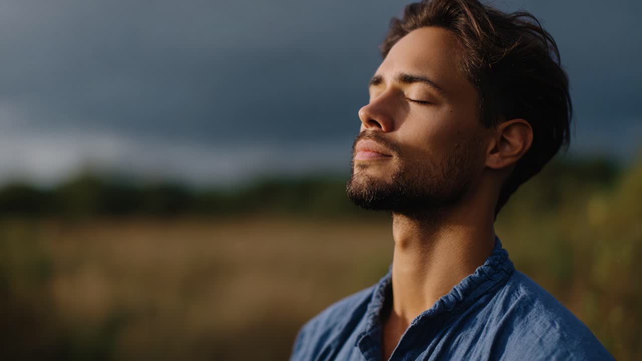 Uomo sereno nella natura che si abbandona alla tranquillità a occhi chiusi, cogliendo l'essenza della calma tra un cielo maestoso e una vegetazione lussureggiante che lo circonda.