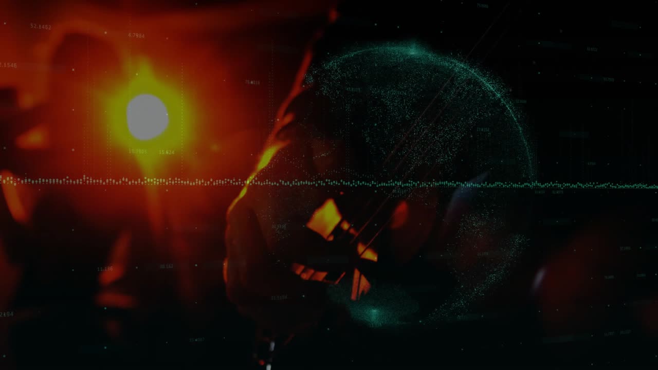 Left orange light rising, masked figure tilting to flare globe forming wave pulsing showing visor