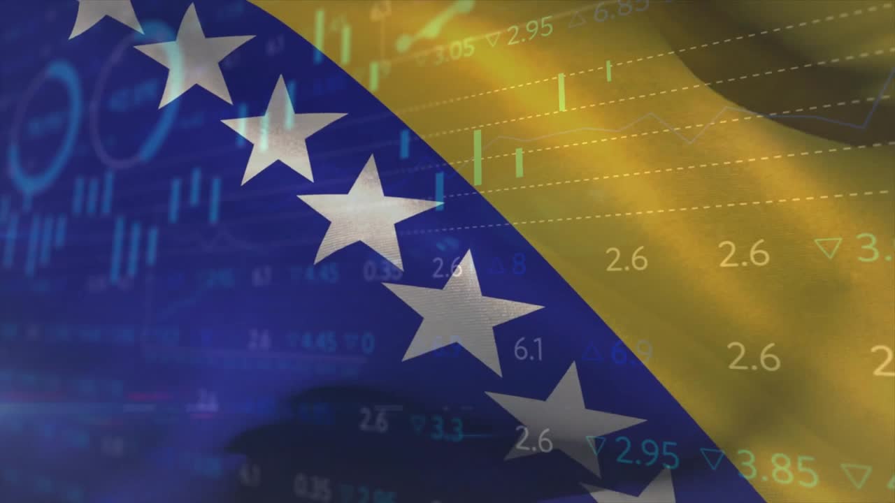 EU stars merging into yellow field while overlaying candlestick bars, line graphs in flat design