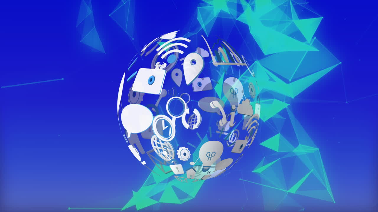 animación del globo hecho de iconos sobre fondo azul con formas