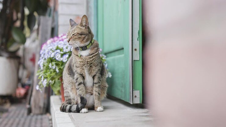 Street cat sitting at the house door