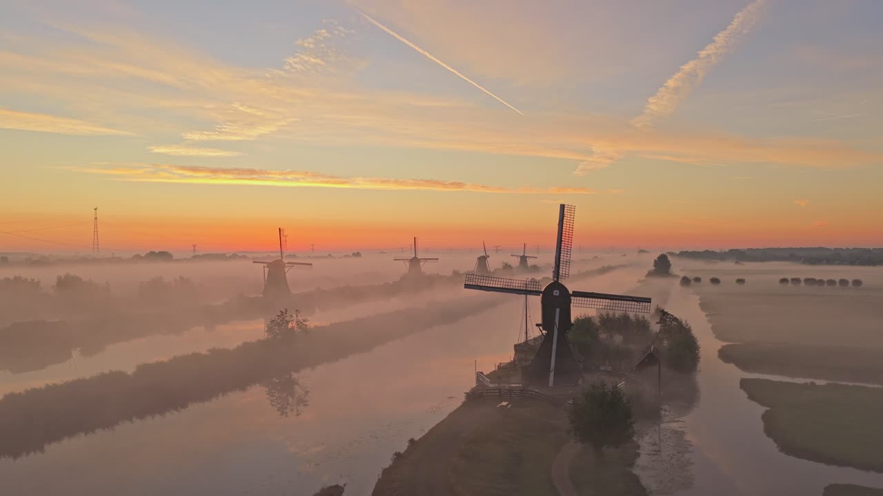 Tåke driver over Kinderdijks kanaler og vindmøller ved daggry, flyfoto Nederland
