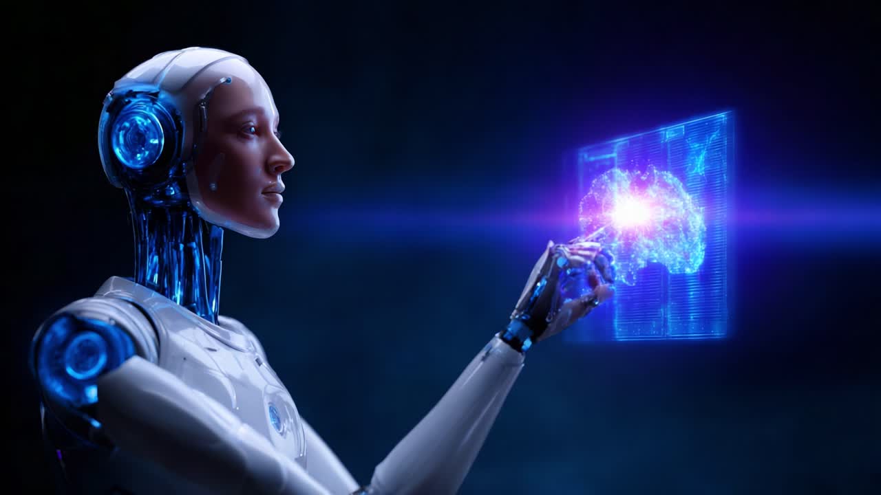 Un robot umanoide futuristico interagisce con un cervello olografico luminoso, mettendo in mostra tecnologia avanzata e intelligenza artificiale in un’accattivante narrazione visiva.