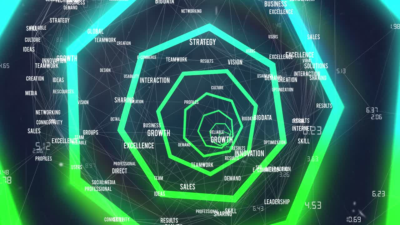 연결 네트워크를 통해 파란색과 초록색 네온 기하학적 모양의 애니메이션