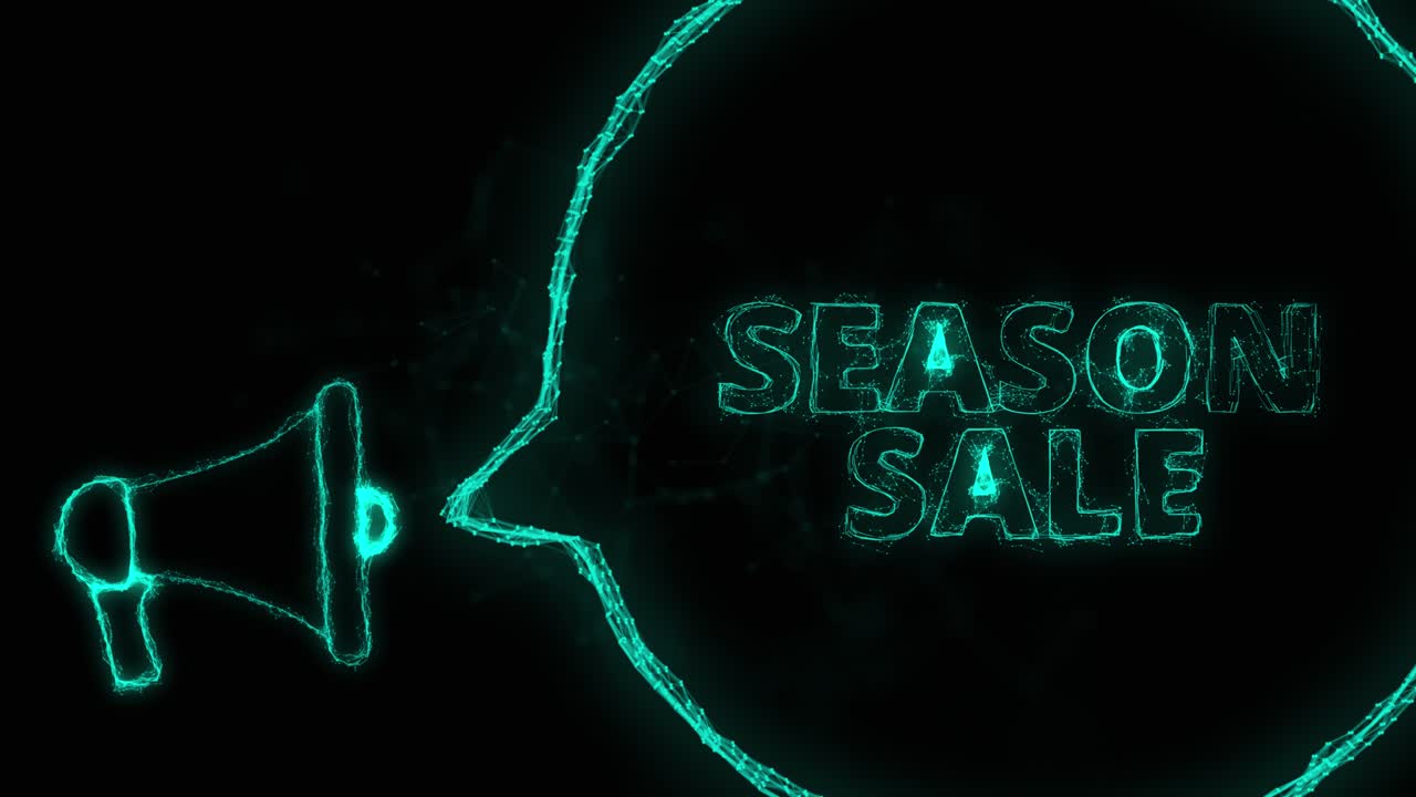 스피치 버블과 텍스트 시즌 판매를 가진 메가폰 배너. 녹색 반이는 점과 선의 플렉서스 스타일