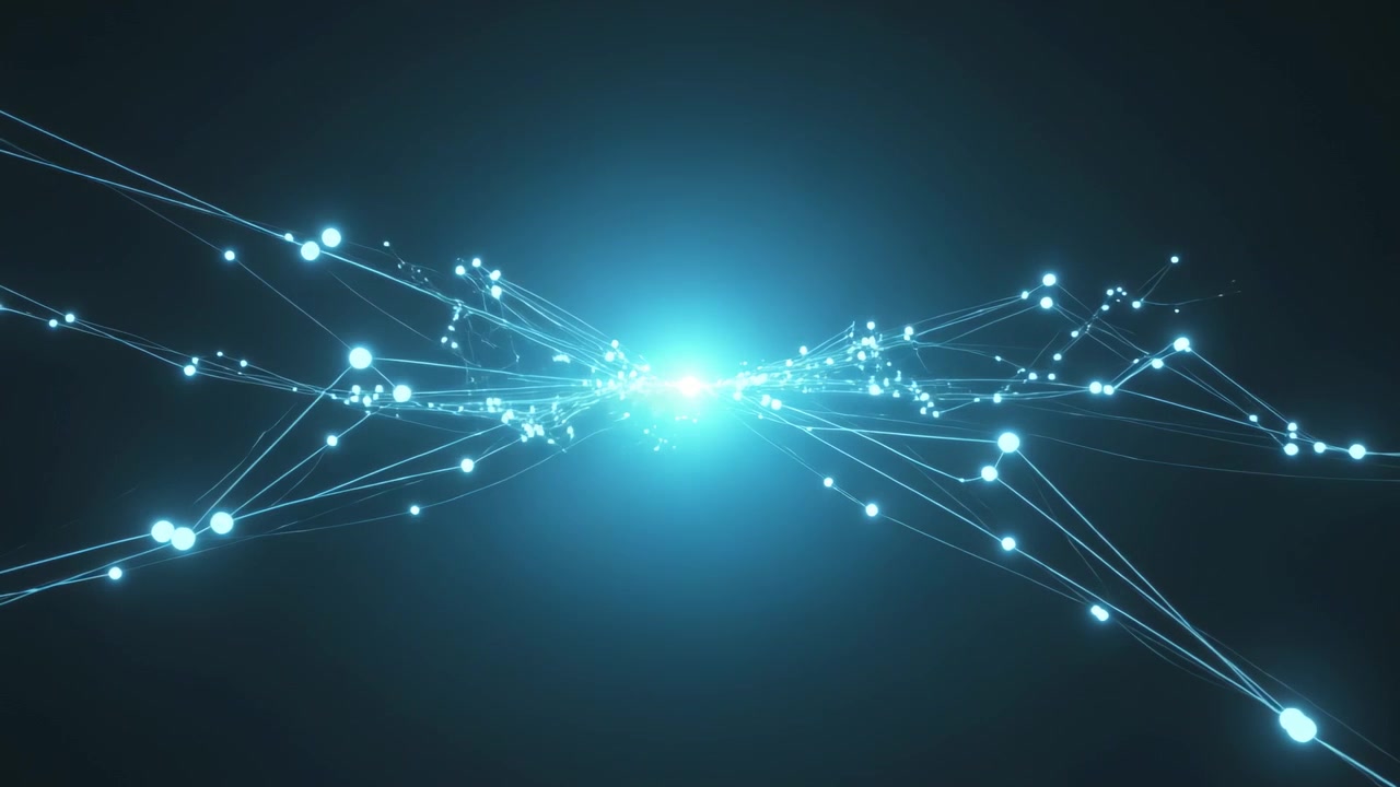 Pulsing cyan network structure brightening central core, drawing nodes along filaments in dark void