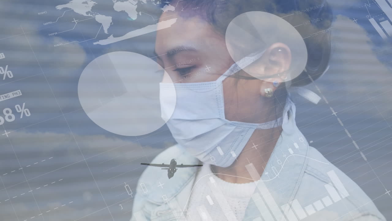 얼굴 마스크를 착용한 아시아 여성에 대한 통계 데이터 처리 디지털 구성 기침