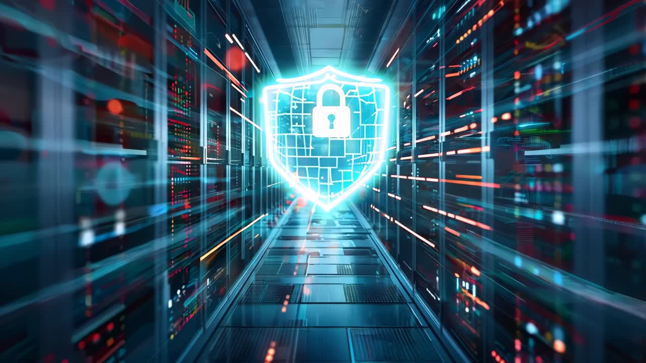 A computer network with a blue shield with a lock on it. The lock is surrounded by a blue and orange glow
