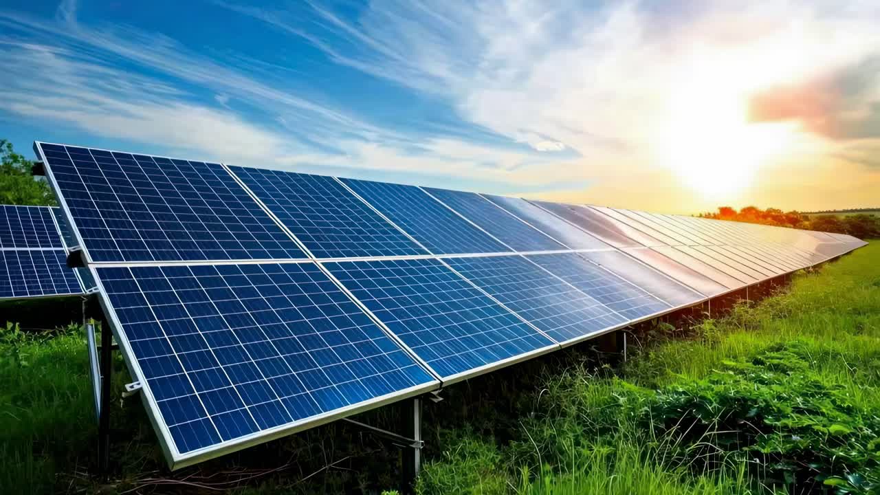Low-angle shot of solar panels in a field, capturing the sun setting in the background