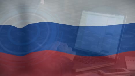 animation of hand of caucasian male hacker over flag of russia