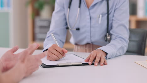 hands, clipboard and health insurance documents