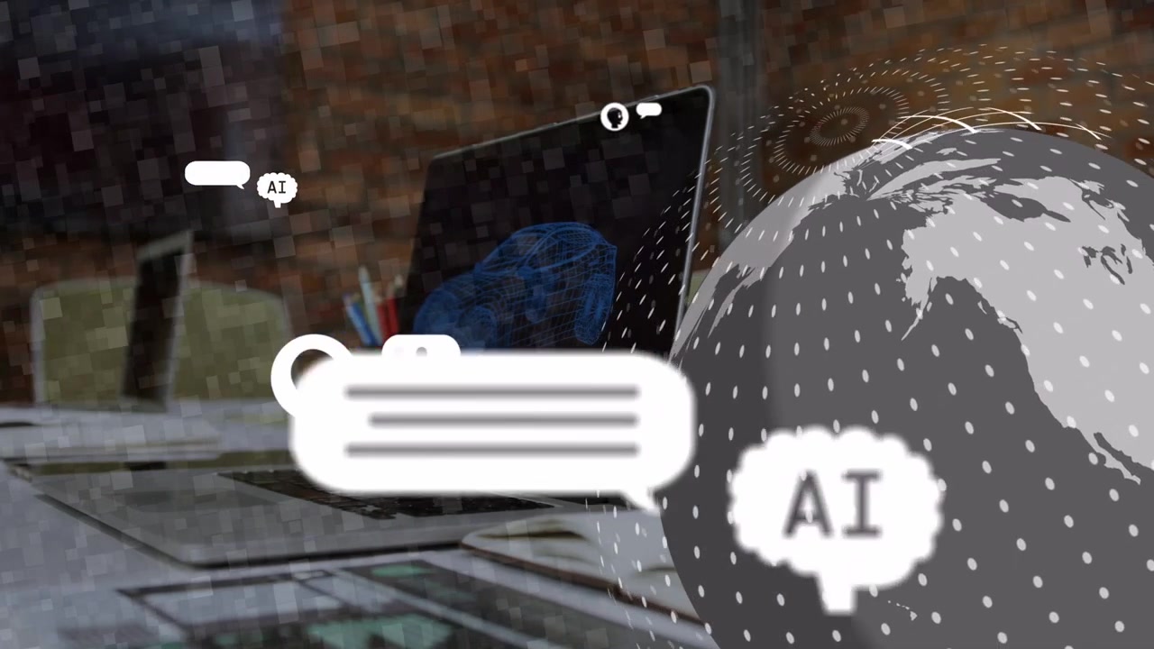 Un globo entra da destra e ruota, con icone di IA che appaiono e si raggruppano vicino a un laptop che mostra una chat.