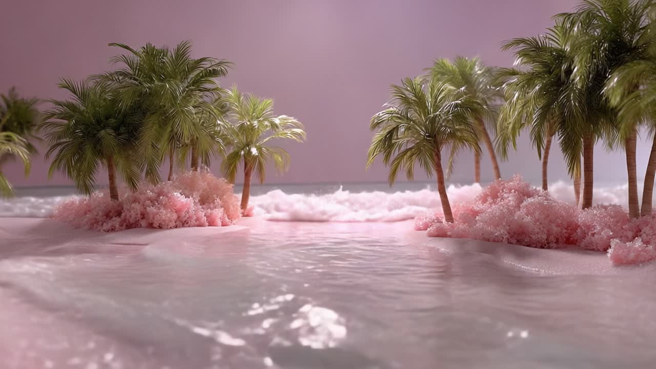 A Serene Tropical Landscape with Lush Palm Trees and Gentle Waves, Capturing the Tranquil Beauty of Nature in Soft Pink Tones and Warm Light
