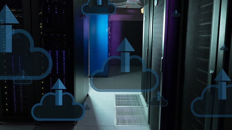 Animation clouds and arrow moving upwards over data server room