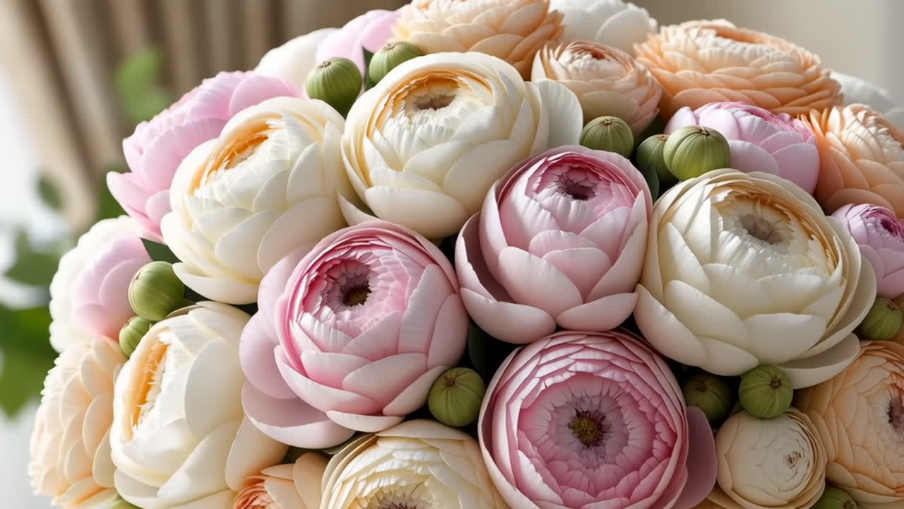 A beautiful bouquet of pastel pink, white, and peach flowers