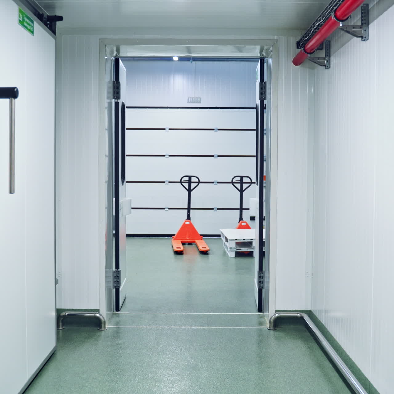 Entrance to the dairy farm. Light corridor inside the modern factory for producing milk products.