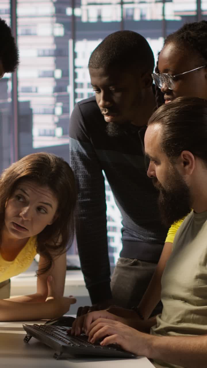 Vertical video Team of developers doing brainstorming, optimizing code