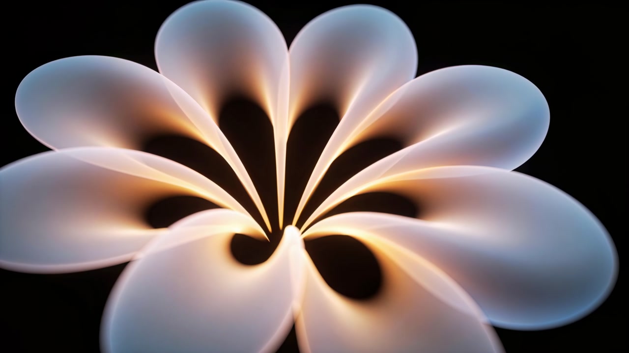 Rotating centered radial flower fanning petals on black backdrop, with teardrop gaps and warm glow
