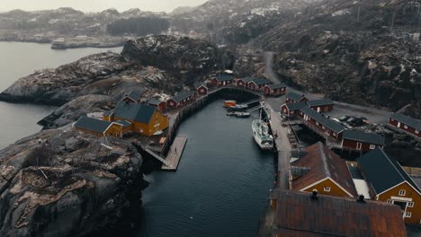 aerial view of nusfjord fishing village in flakstad municipality, lofoten in nordland county, norway.