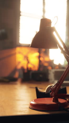 red desk lamp on a wooden desk in an office