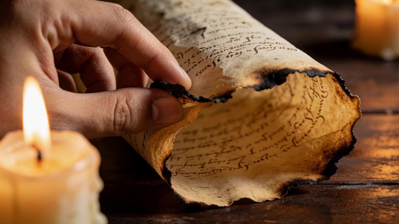 Mano sinistra che si avvicina, staccando il bordo bruciato, cercando la scrittura interna su una pergamena su un tavolo di legno, con candele.