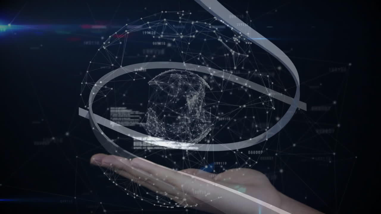 Holding digital network sphere, hand showing interconnected lines and nodes animation