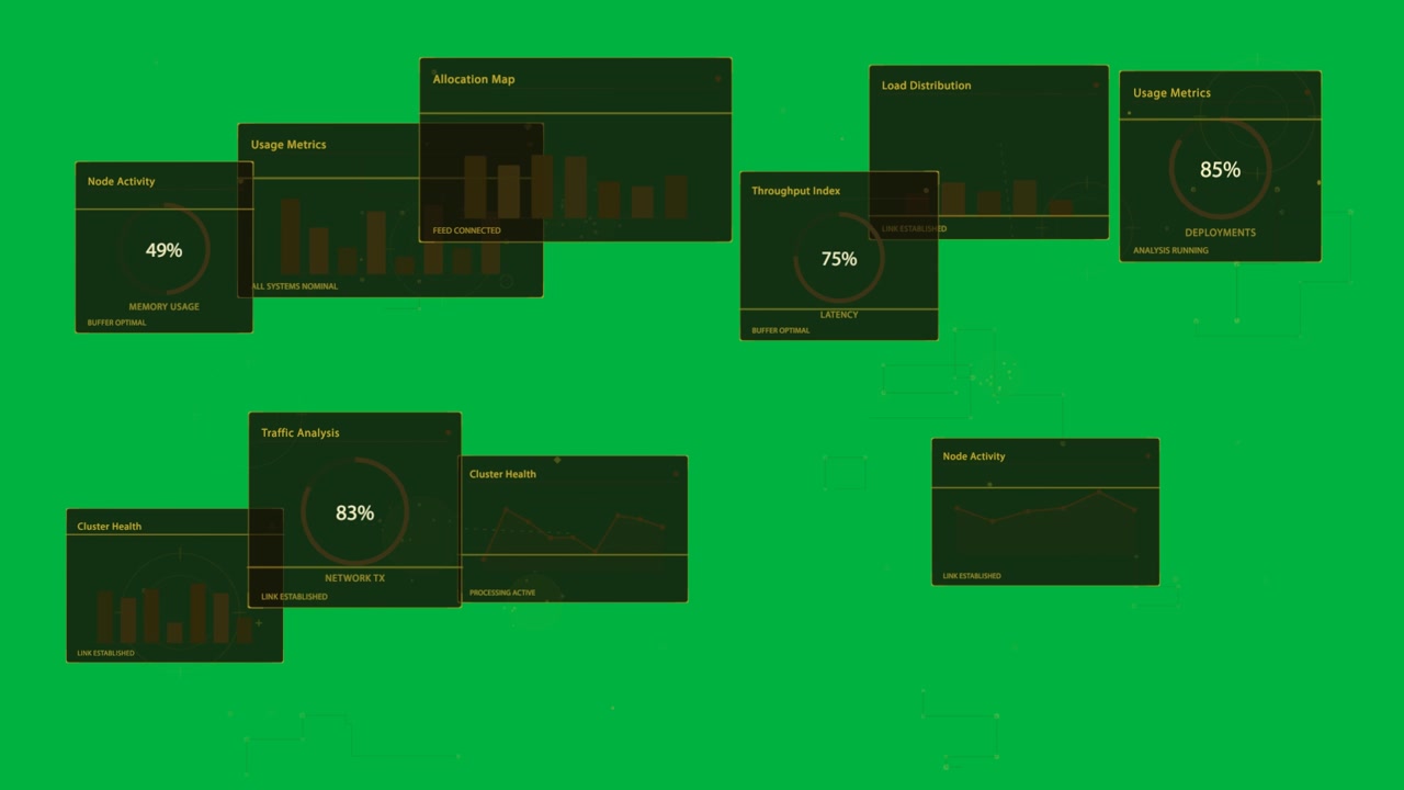 Yellow nodes pulsing on transparent canvas as HUD panels sliding, filling gauges showing health
