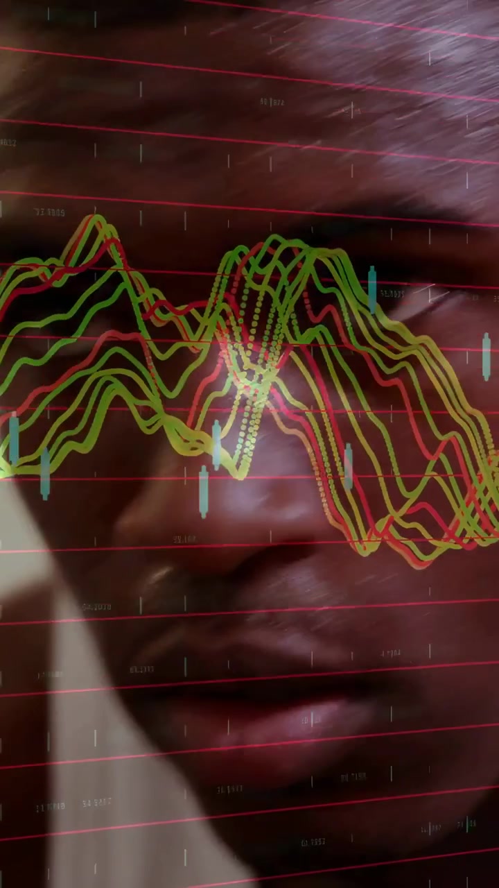 Video verticale: Uomo che si avvicina e parla alla telecamera, con forma d'onda audio che visualizza il parlato.
