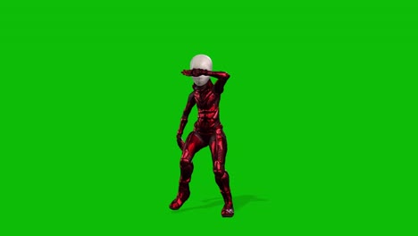 grey female alien wearing a space suit dancing on green screen, 3d animation, front view