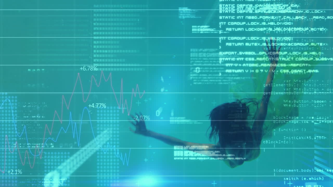 Swimming underwater, diver with financial data and coding animation over blue background