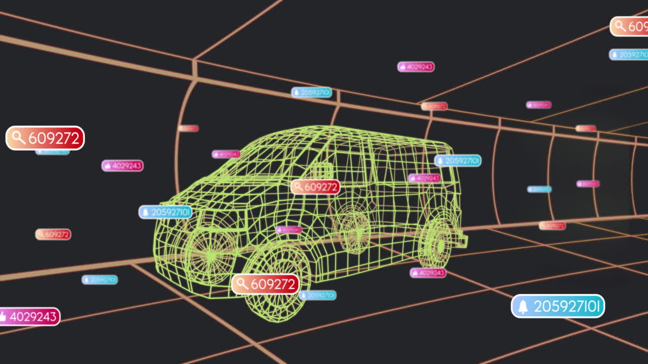 Wireframe van model being rendered inside neon 3D grid space, showcasing floating colored data tags